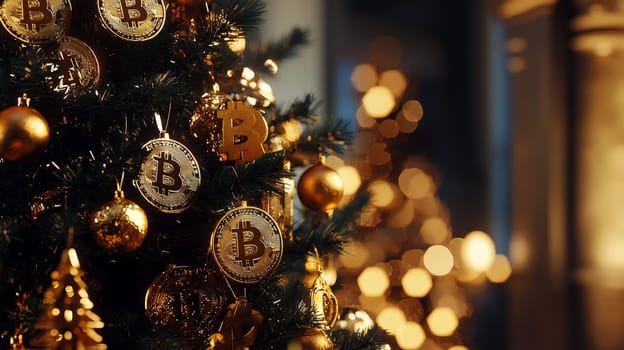 A highly detailed, high-contrast photo of a Christmas tree adorned with golden bitcoin ornaments, set against a bright studio background. This unique holiday scene merges festive cheer with digital currency themes, presented in vivid quality.