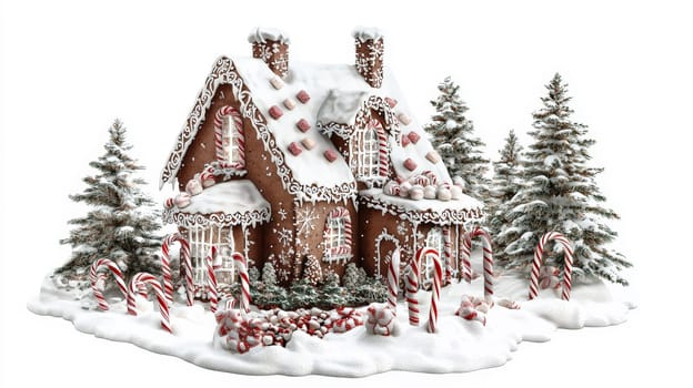 This enchanting, storybook-style illustration features a gingerbread house adorned with candy canes and marshmallows, nestled amid snow in a magical forest. Rendered in hyper-realistic detail, it combines warmth, charm, and intricate textures, creating a captivating scene on a clean white background.