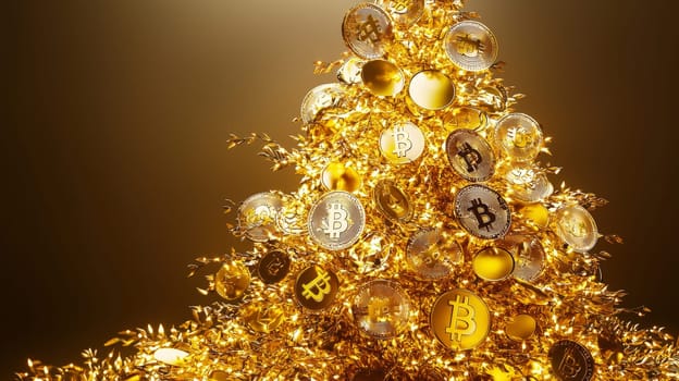 A highly detailed, high-contrast photo of a Christmas tree adorned with golden bitcoin ornaments, set against a bright studio background. This unique holiday scene merges festive cheer with digital currency themes, presented in vivid quality.