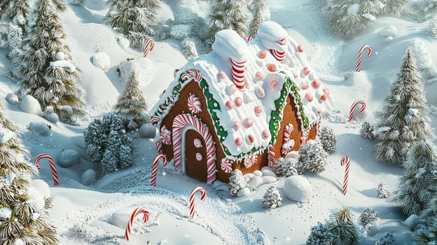 This enchanting, storybook-style illustration features a gingerbread house adorned with candy canes and marshmallows, nestled amid snow in a magical forest. Rendered in hyper-realistic detail, it combines warmth, charm, and intricate textures, creating a captivating scene on a clean white background.