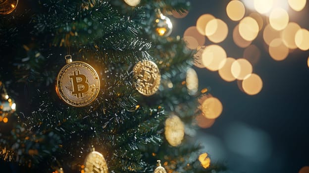 A highly detailed, high-contrast photo of a Christmas tree adorned with golden bitcoin ornaments, set against a bright studio background. This unique holiday scene merges festive cheer with digital currency themes, presented in vivid quality.