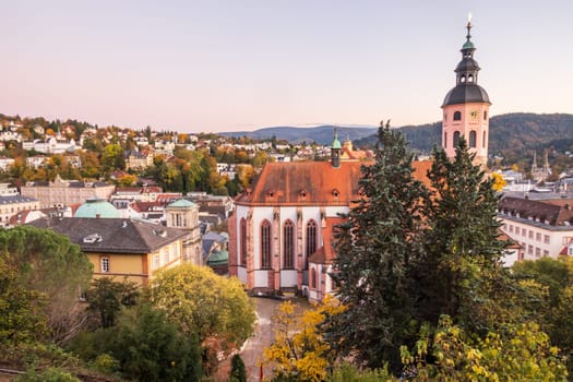 Autumn view over the old spa town of Baden-Baden and Stiftskirche church at the north-western border of the Black Forest, Baden-Württemberg, Germany