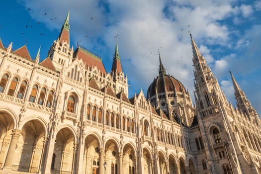 Detail of the parliament building, towers and dome, in Budapest, Hungary