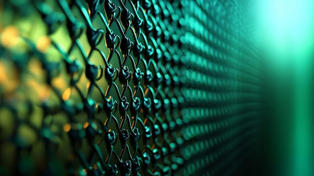 A captivating abstract background featuring a grid pattern in green and black tones. The intricate design is rendered in hyper-detail with high resolution, offering a sharp and immersive visual experience. High contrast and 3D rendering techniques create depth, enhancing the geometric structure of the grid and making it a bold and dynamic composition.