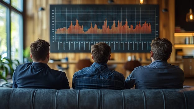 A candid shot of three officers sitting on a sofa in an office, visibly stressed and burned out, as they look at a whiteboard displaying a chart of business deficits. The somber atmosphere emphasizes the pressure of high-stakes decision-making in a professional environment.