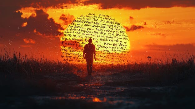 A surreal scene of a person walking through a desert landscape, where the sand is composed of handwritten "hey"" and various letters and numbers, set against a warm yellow gradient sunset. The image conveys a sense of isolation and communication, blending the human experience with a poetic message in the vastness of the desert."