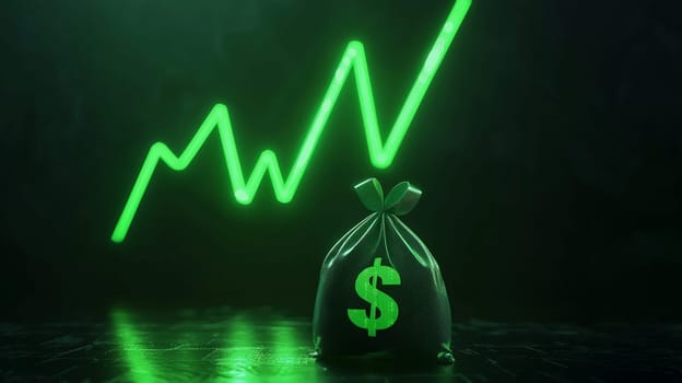 A sleek, 3D hyper-realistic illustration of a glowing stock line graph in an upward trajectory, symbolizing financial growth. Below the green-colored graph sits a money bag, enhancing the concept of profitability. Set against a clean, dark background, the minimalist design emphasizes clarity and a modern financial aesthetic.