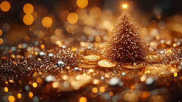 A highly detailed, high-contrast photo of a Christmas tree adorned with golden bitcoin ornaments, set against a bright studio background. This unique holiday scene merges festive cheer with digital currency themes, presented in vivid quality.