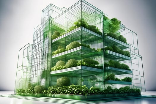 Architectural Concept Sketch of Modern Building with a lot of green plants. Abstract sketch of a modern multi-level structure suggesting pre-construction design phase.