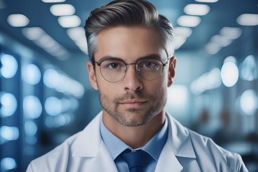 Close Portrait Of Male Scientist In White Coat In Scientific Laboratory.