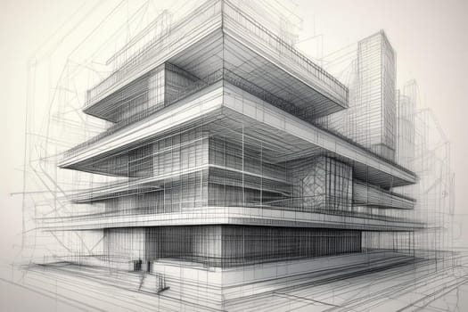 Wireframe of building. sketch design. Digital project visualization.