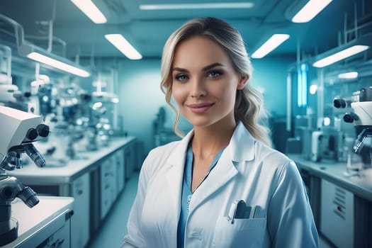 Young female scientist in research laboratory with microscopes and equipment.
