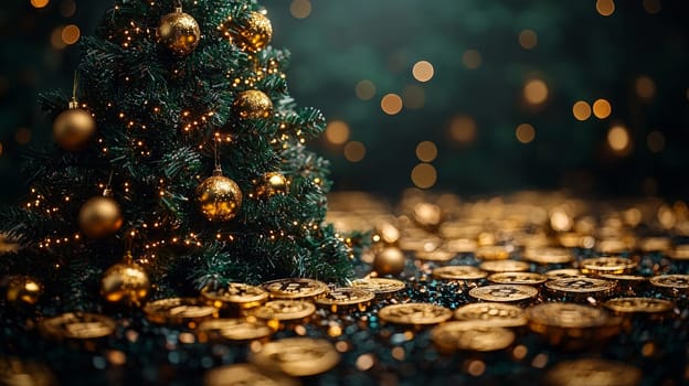 A highly detailed, high-contrast photo of a Christmas tree adorned with golden bitcoin ornaments, set against a bright studio background. This unique holiday scene merges festive cheer with digital currency themes, presented in vivid quality.