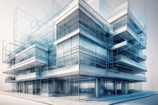 Wireframe of building. sketch design. Digital project visualization.