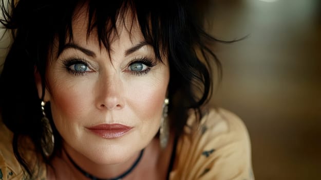 Close-up portrait of a middle-aged woman with black hair, blue eyes and dark red lipstick earrings and necklace. She has tattoos on her arms. AI generative.