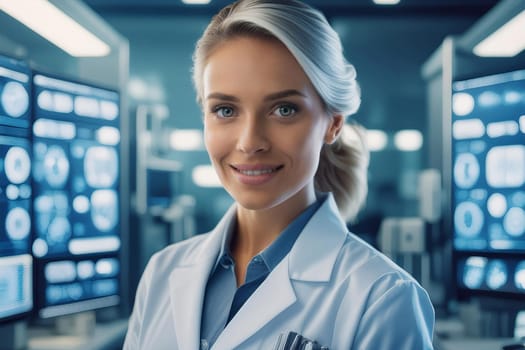 Female scientist in research laboratory with large terminals and screens.