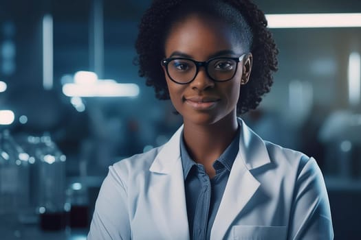 Up Close Portrait Of Young Black Woman Scientist In Laboratory.
