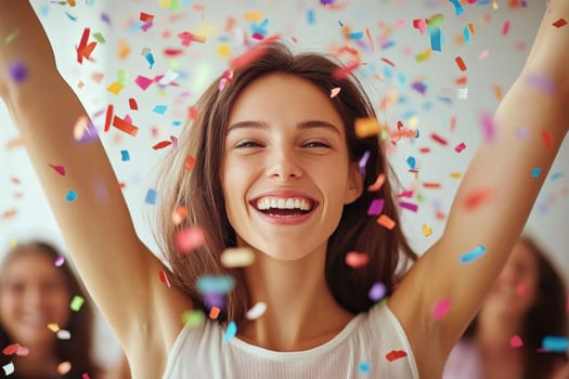 oung woman, celebrating with her arms raised high in the air, surrounded by colorful confetti.  AI generative.