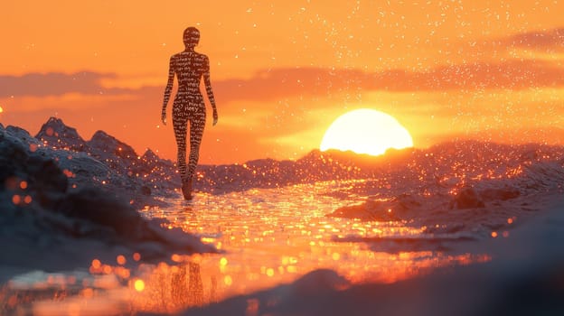 A surreal scene of a person walking through a desert landscape, where the sand is composed of handwritten "hey"" and various letters and numbers, set against a warm yellow gradient sunset. The image conveys a sense of isolation and communication, blending the human experience with a poetic message in the vastness of the desert."