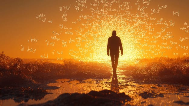 A surreal scene of a person walking through a desert landscape, where the sand is composed of handwritten "hey"" and various letters and numbers, set against a warm yellow gradient sunset. The image conveys a sense of isolation and communication, blending the human experience with a poetic message in the vastness of the desert."