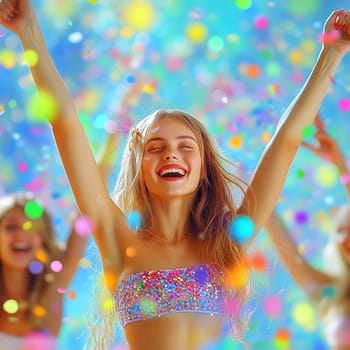 oung woman, celebrating with her arms raised high in the air, surrounded by colorful confetti.  AI generative.