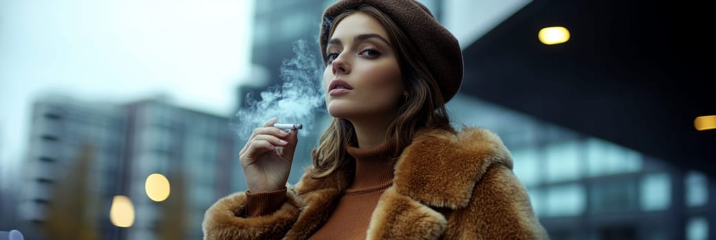 Woman dressed in 80s style smoking a cigarette on the street. AI generative.