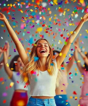 oung woman, celebrating with her arms raised high in the air, surrounded by colorful confetti.  AI generative.