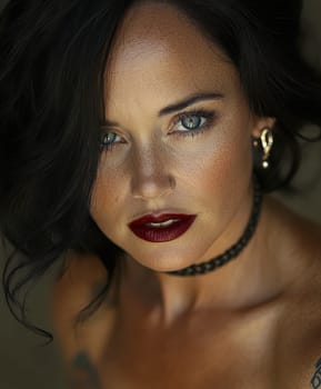 Close-up portrait of a middle-aged woman with black hair, blue eyes and dark red lipstick earrings and necklace. She has tattoos on her arms. AI generative.