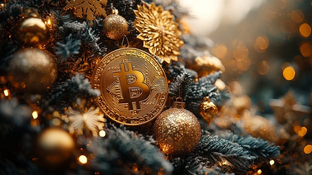 A highly detailed, high-contrast photo of a Christmas tree adorned with golden bitcoin ornaments, set against a bright studio background. This unique holiday scene merges festive cheer with digital currency themes, presented in vivid quality.