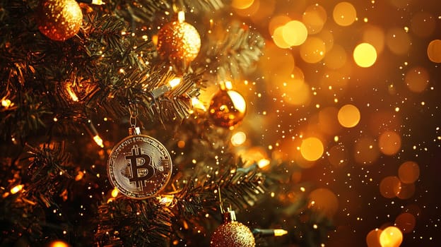 A highly detailed, high-contrast photo of a Christmas tree adorned with golden bitcoin ornaments, set against a bright studio background. This unique holiday scene merges festive cheer with digital currency themes, presented in vivid quality.
