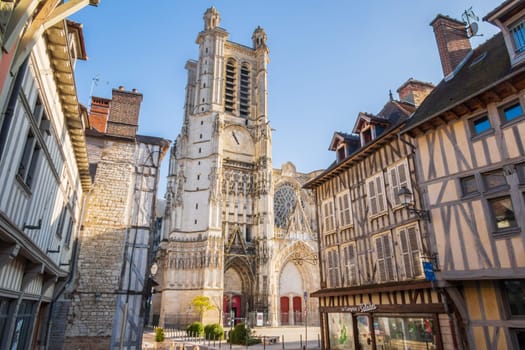 Troyes, France - November 04 2024: View over the gothic Cathedral of the Saint-Pierre-et-Saint-Paul from streets in Troyes city, France