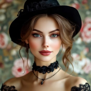 elegant woman from the Victorian era standing in a richly decorated parlor. AI generative.