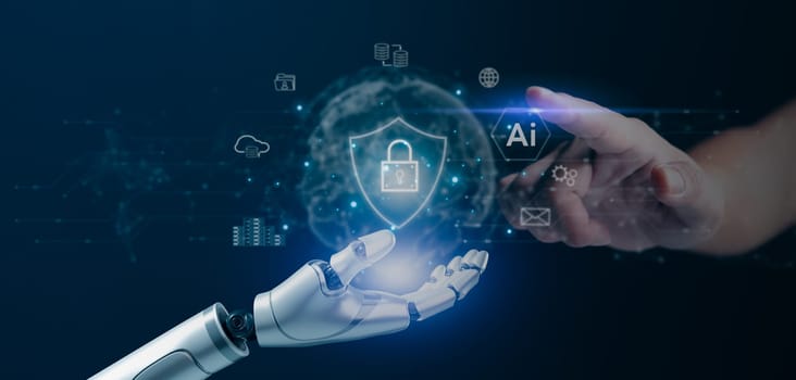 Robotic and human hands with AI cyber security hologram, indicating data protection and technological defense. Ideal for tech firms, cyber security, digital safety.