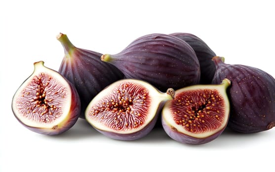A collection of whole and halved figs in rich purple hues, showcasing their intricate textures and juicy interiors.