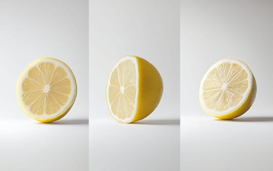 Three lemon halves arranged in a minimalist style, highlighting their bright yellow color and texture.