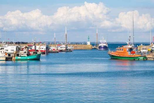 Noirmoutier, France - September 12, 2023: Return from fishing of the fishing boat to the port of Herbaudière in Noirmoutier