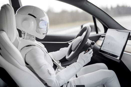 A humanoid robot operates an autonomous electric car, highlighting the future of AI in transportation and robotics, blending technology with daily life. AI generated image