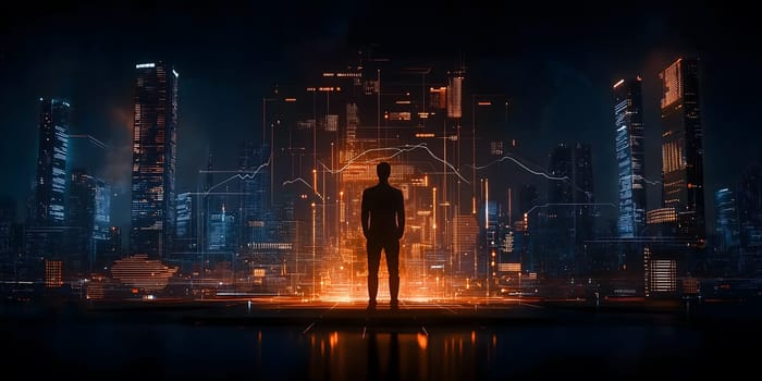 a person overlooks a futuristic city with financial data projections, symbolizing innovation and the rise of digital banking in a tech-driven world. AI generated image