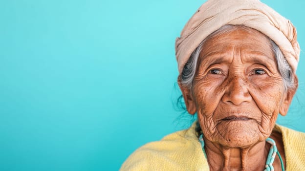 Elderly Indigenous woman in traditional clothing and headband against blue background, AI Generated