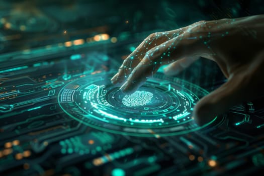Finger touching digital fingerprint scanner on glowing virtual keyboard, identification concept, AI Generated