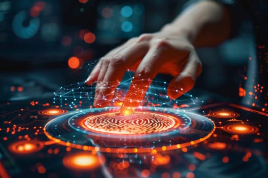 Finger touching digital fingerprint scanner on glowing virtual keyboard, identification concept, AI Generated