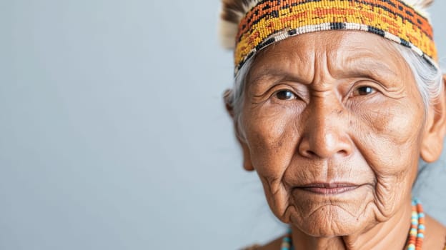 Elderly Indigenous woman in traditional clothing and headband against blue background, AI Generated