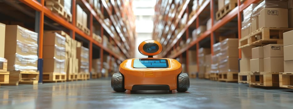 Robot holding tablet in warehouse filled with cardboard boxes, logistics technology concept, AI Generated