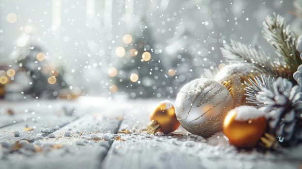 Christmas postcard with ornaments, Christmas tree in snow against blurred background, AI Generated