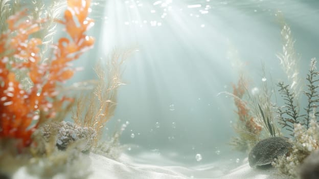 Tropical fishes swimming near white coral reef ocean underwater, serene aquatic background, AI Generated