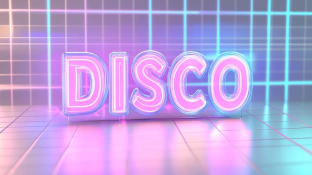 Neon sign with glowing word disco in retro styled room interior, AI Generated