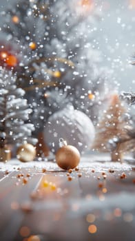 Christmas postcard with ornaments, Christmas tree in snow against blurred background, AI Generated