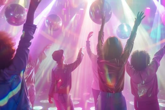 People dancing under disco balls with colorful lights and vibrant nightlife, AI generated