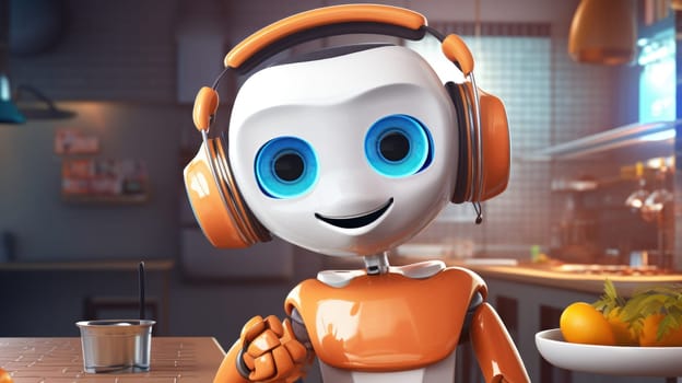 Cute robot with headphones cooking in modern kitchen, futuristic technology concept, AI generated