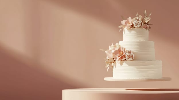 Wedding cake with beautiful flowers on solid pastel color background, copy space, AI Generated